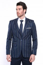 Çizgili Açık Lacivert Slim Fit Ceket  Wessi - 3