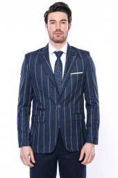 Çizgili Açık Lacivert Slim Fit Ceket  Wessi - 5