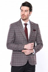 Ekose Slim Fit Bordo Erkek Ceket - 1