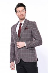 Ekose Slim Fit Bordo Erkek Ceket - 3