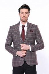 Ekose Slim Fit Bordo Erkek Ceket - 4