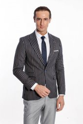 Çizgili Koyu Slim Fit Lacivert Erkek Ceket - 1
