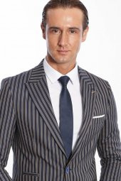 Çizgili Koyu Slim Fit Lacivert Erkek Ceket - 9