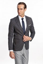 Çizgili Koyu Slim Fit Lacivert Erkek Ceket - 2