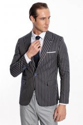 Çizgili Koyu Slim Fit Lacivert Erkek Ceket - 3