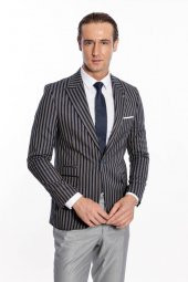 Çizgili Koyu Slim Fit Lacivert Erkek Ceket - 4