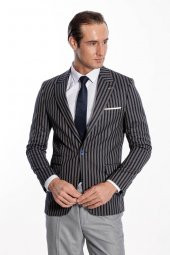 Çizgili Koyu Slim Fit Lacivert Erkek Ceket - 5