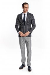 Çizgili Koyu Slim Fit Lacivert Erkek Ceket - 6