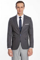 Çizgili Koyu Slim Fit Lacivert Erkek Ceket - 7