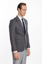 Çizgili Koyu Slim Fit Lacivert Erkek Ceket - 8