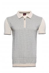 Polo Yaka Krem Desenli Fermuarlı Örme T-shirt  Wessi - 1