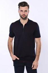 Polo Yaka Koyu Lacivert Desenli Fermuarlı Örme T-shirt  Wessi - 2