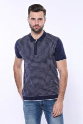 Polo Yaka Lacivert Desenli Fermuarlı Örme T-shirt  Wessi - 2