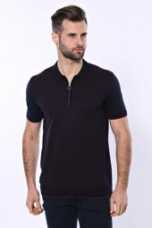 Polo Yaka Koyu Lacivert Desenli Fermuarlı Örme T-shirt  Wessi - 3