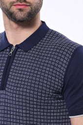 Polo Yaka Lacivert Desenli Fermuarlı Örme T-shirt  Wessi - 3