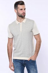 Polo Yaka Krem Desenli Fermuarlı Örme T-shirt  Wessi - 2