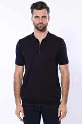 Polo Yaka Koyu Lacivert Desenli Fermuarlı Örme T-shirt  Wessi - 4