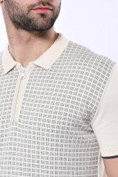 Polo Yaka Krem Desenli Fermuarlı Örme T-shirt  Wessi - 3