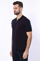 Polo Yaka Koyu Lacivert Desenli Fermuarlı Örme T-shirt  Wessi - 5