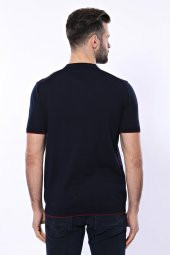 Polo Yaka Koyu Lacivert Desenli Fermuarlı Örme T-shirt  Wessi - 6