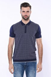 Polo Yaka Lacivert Desenli Fermuarlı Örme T-shirt  Wessi - 6