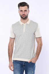 Polo Yaka Krem Desenli Fermuarlı Örme T-shirt  Wessi - 5