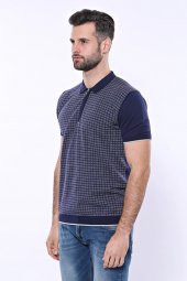 Polo Yaka Lacivert Desenli Fermuarlı Örme T-shirt  Wessi - 7