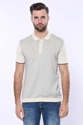 Polo Yaka Krem Desenli Fermuarlı Örme T-shirt  Wessi - 6