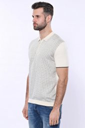 Polo Yaka Krem Desenli Fermuarlı Örme T-shirt  Wessi - 7