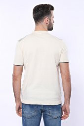 Polo Yaka Krem Desenli Fermuarlı Örme T-shirt  Wessi - 8