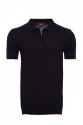 Polo Yaka Koyu Lacivert Desenli Fermuarlı Örme T-shirt  Wessi - 1
