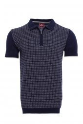 Polo Yaka Lacivert Desenli Fermuarlı Örme T-shirt  Wessi - 1