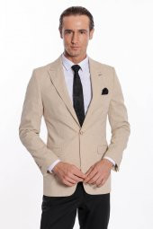 Slim Fit Sivri Yaka Bej Erkek Ceket - 1