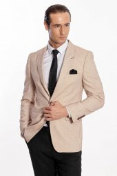 Kendinden Desenli Slim Fit Açık Sarı Erkek Ceket - 5