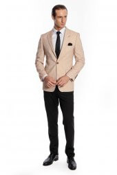 Kendinden Desenli Slim Fit Açık Sarı Erkek Ceket - 6