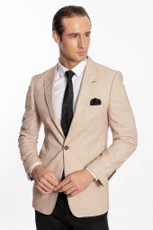 Kendinden Desenli Slim Fit Açık Sarı Erkek Ceket - 7