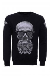 Baskılı Siyah Bisiklet Yaka Sweatshirt - 1