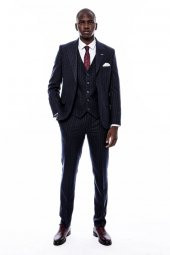Çizgili Yelekli Lacivert Slim Fit Takım Elbise - 3