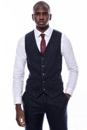 Çizgili Yelekli Lacivert Slim Fit Takım Elbise - 7