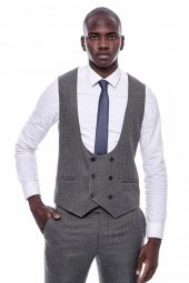 Çizgili Kruvaze Yelekli Slim Fit Takım Elbise - 5