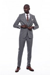 Ekose Desen Slim Fit Gri Erkek Takım Elbise - 1