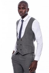 Çizgili Kruvaze Yelekli Slim Fit Takım Elbise - 7