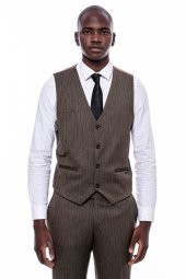 Çizgili Slim Fit Kahverengi Erkek Takım Elbise - 5