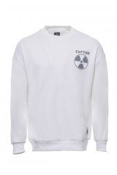 Beyaz Bisiklet Yaka Baskılı Erkek Sweatshirt - 1