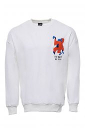 Beyaz Bisiklet Yaka Baskı Detaylı Erkek Sweatshirt - 1
