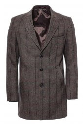 Kahverengi Lacivert Bordo Çizgili Sivri Yaka Slimfit Kaban - 1
