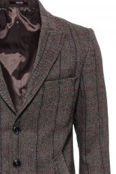 Kahverengi Lacivert Bordo Çizgili Sivri Yaka Slimfit Kaban - 2