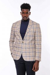 Ekose Desenli Slim Fit Kahverengi Mavi Erkek Ceket - 1