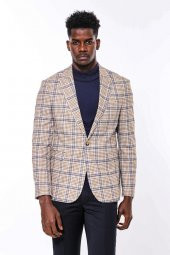 Ekose Desenli Slim Fit Kahverengi Mavi Erkek Ceket - 3