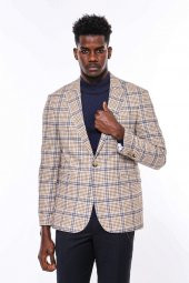 Ekose Desenli Slim Fit Kahverengi Mavi Erkek Ceket - 4